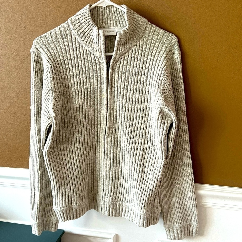 Vintage Liz Claiborne LizSport Ribbed Light Grey Sweater Full-Zip Size Medium
